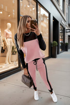 Women's Korean-style casual hoodie and pants two-piece set with patchwork design from Plush Fashion Hub, shown in a relaxed fit.