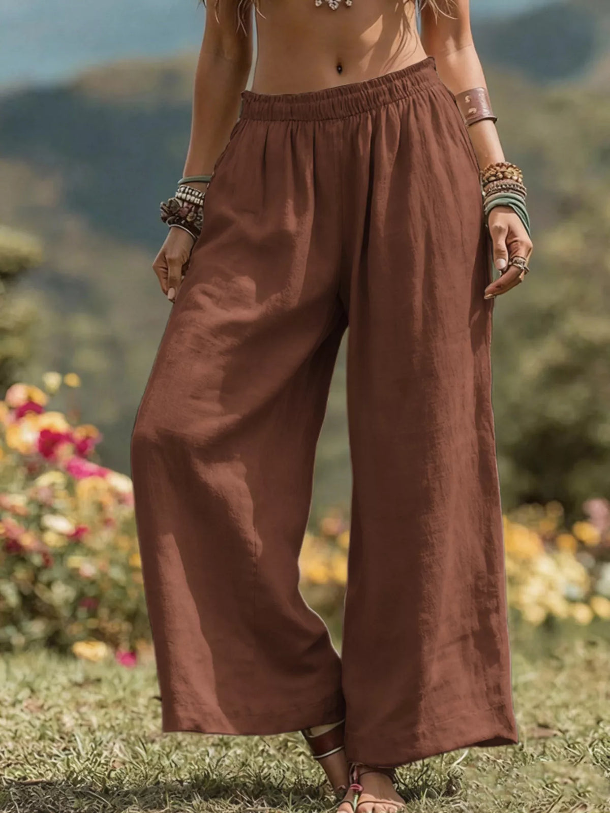 Bohemian wide-leg pants in full size and plus size, featuring flowy fabric and stylish design, by Trendsi.