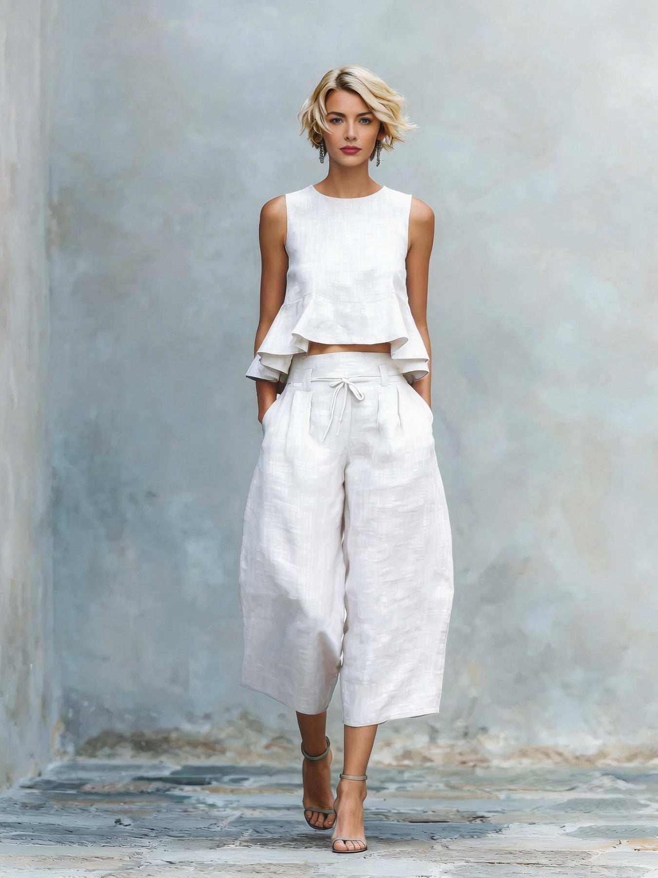 Women's linen-blend sleeveless two-piece set with ruffled detailing from Plush Fashion Hub, featuring a stylish and comfortable design.