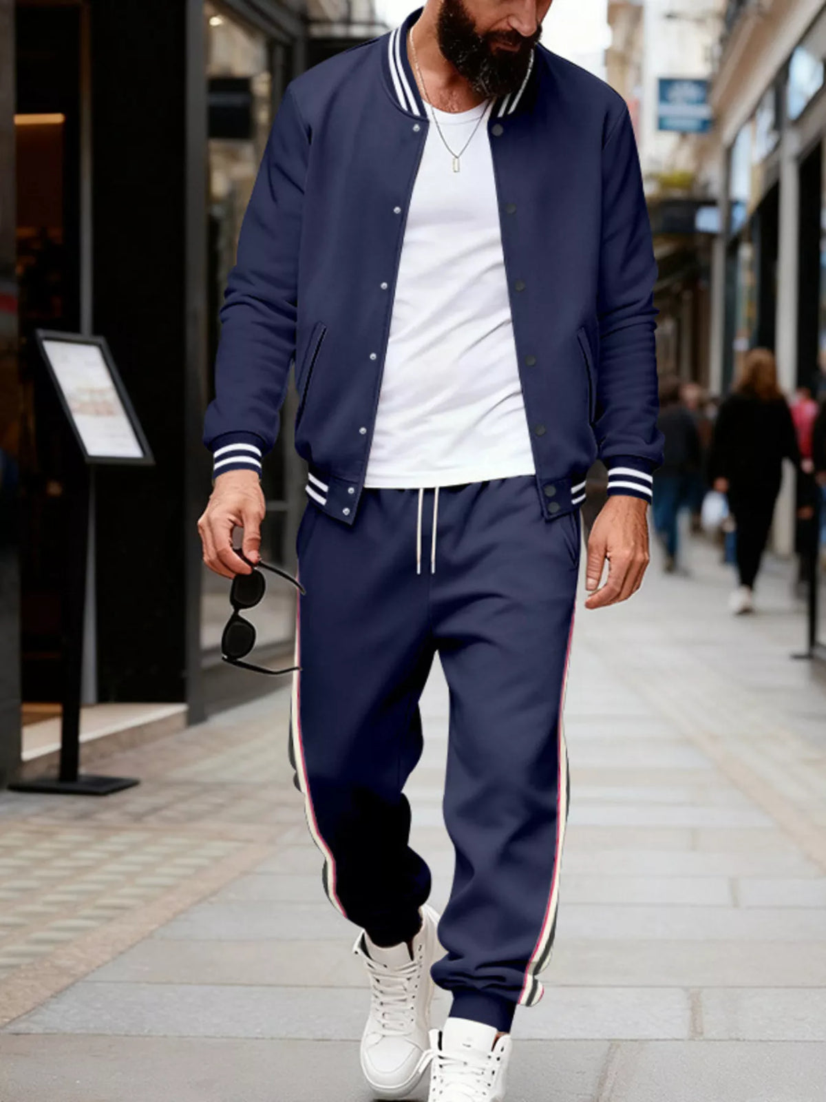 Men's plus size striped snap-down top and pants set by Plush Fashion Hub, featuring a stylish, coordinated striped design.