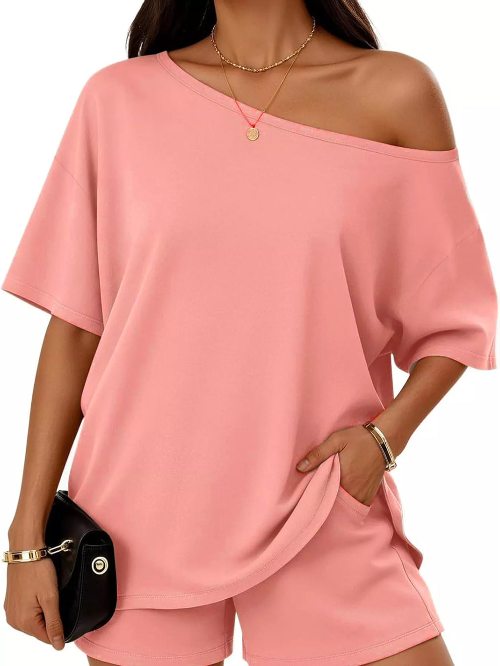 Plus size one-shoulder top and matching shorts set from Trendsi, casual summer outfit with stylish design.