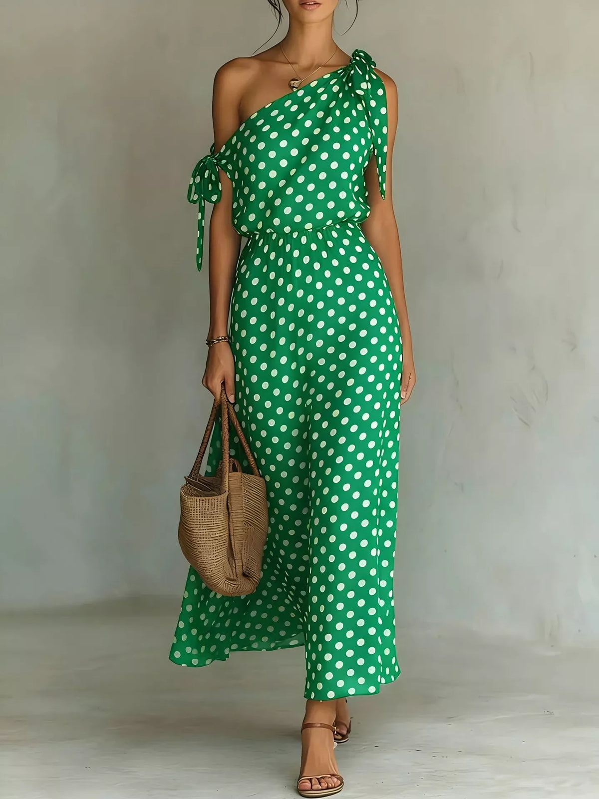 Plus size polka dot one-shoulder maxi dress by Plush Fashion Hub, flowing full-length dress with stylish polka dot pattern.