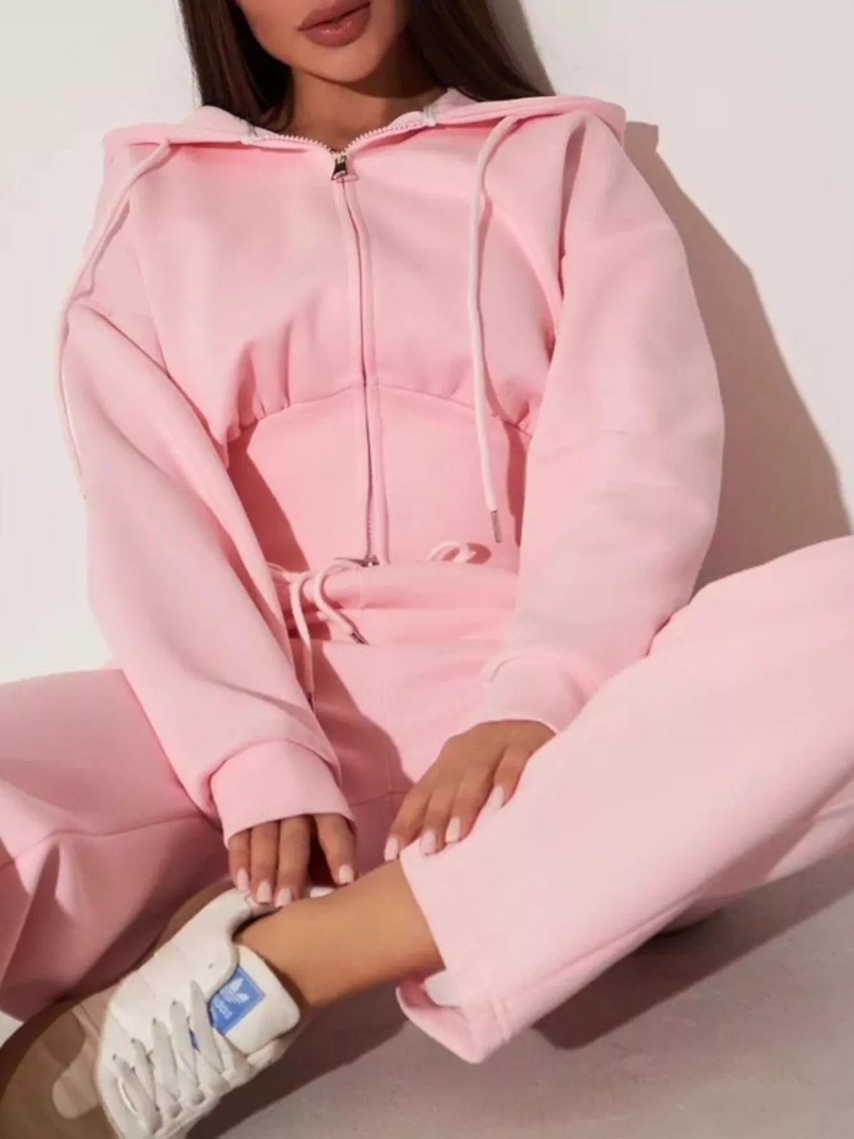 Plush Fashion Hub zip-up hoodie and wide-leg pants loungewear set, featuring a comfortable fit with soft fabric and casual style.