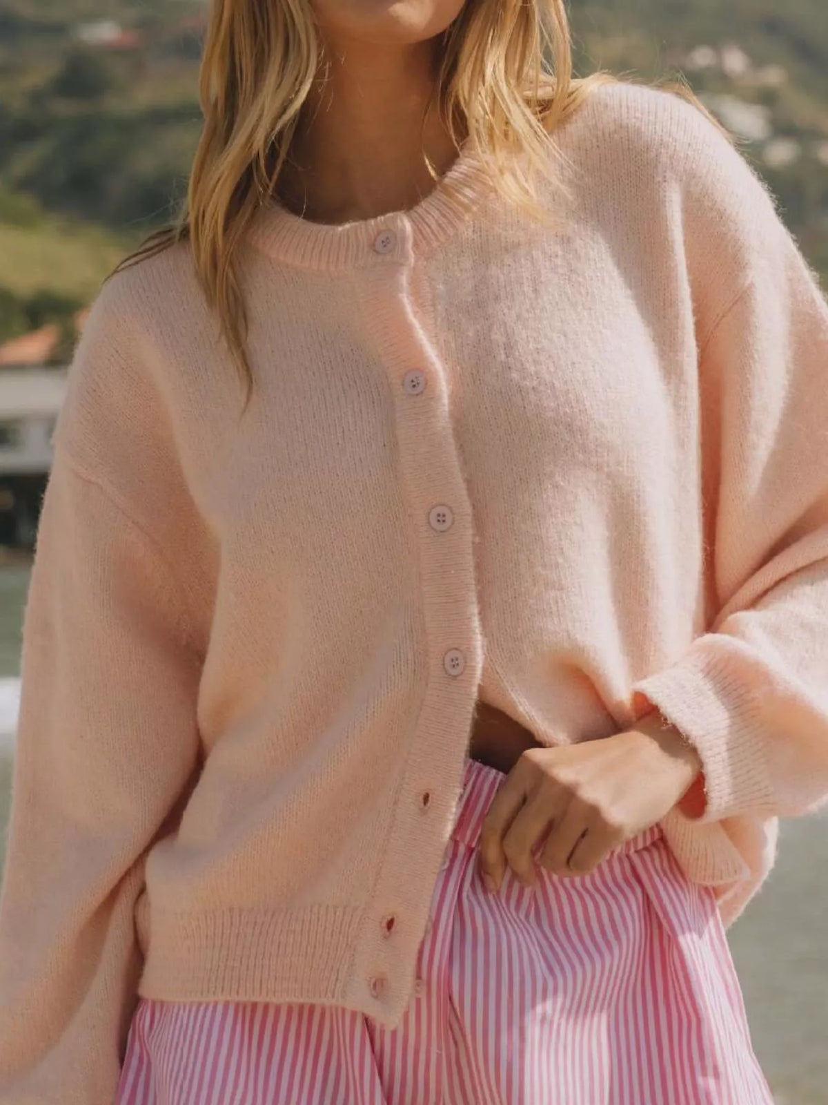 Simply Love button-down knit cardigan with long sleeves and V-neck, featuring a cozy, textured knit pattern.