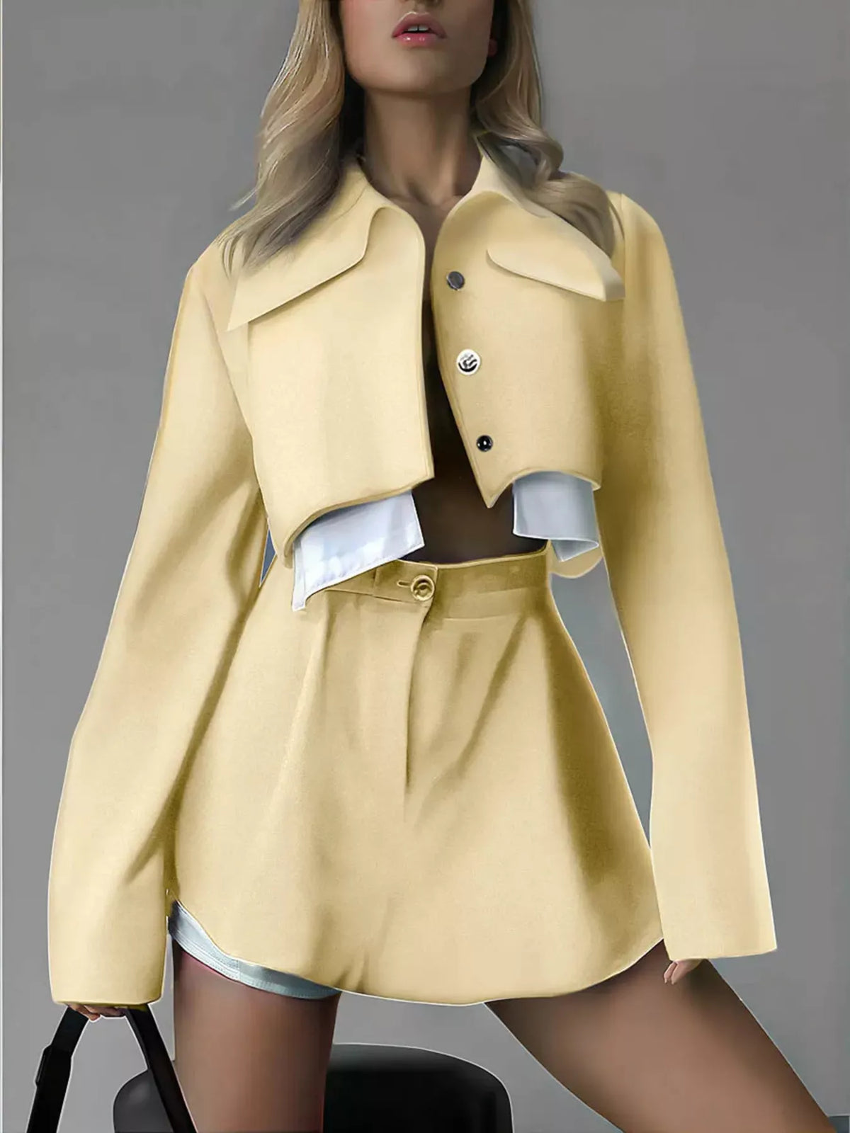 Trendsi button-up cropped jacket and mini skirt set, featuring a stylish matching cropped jacket and mini skirt in a coordinated design.