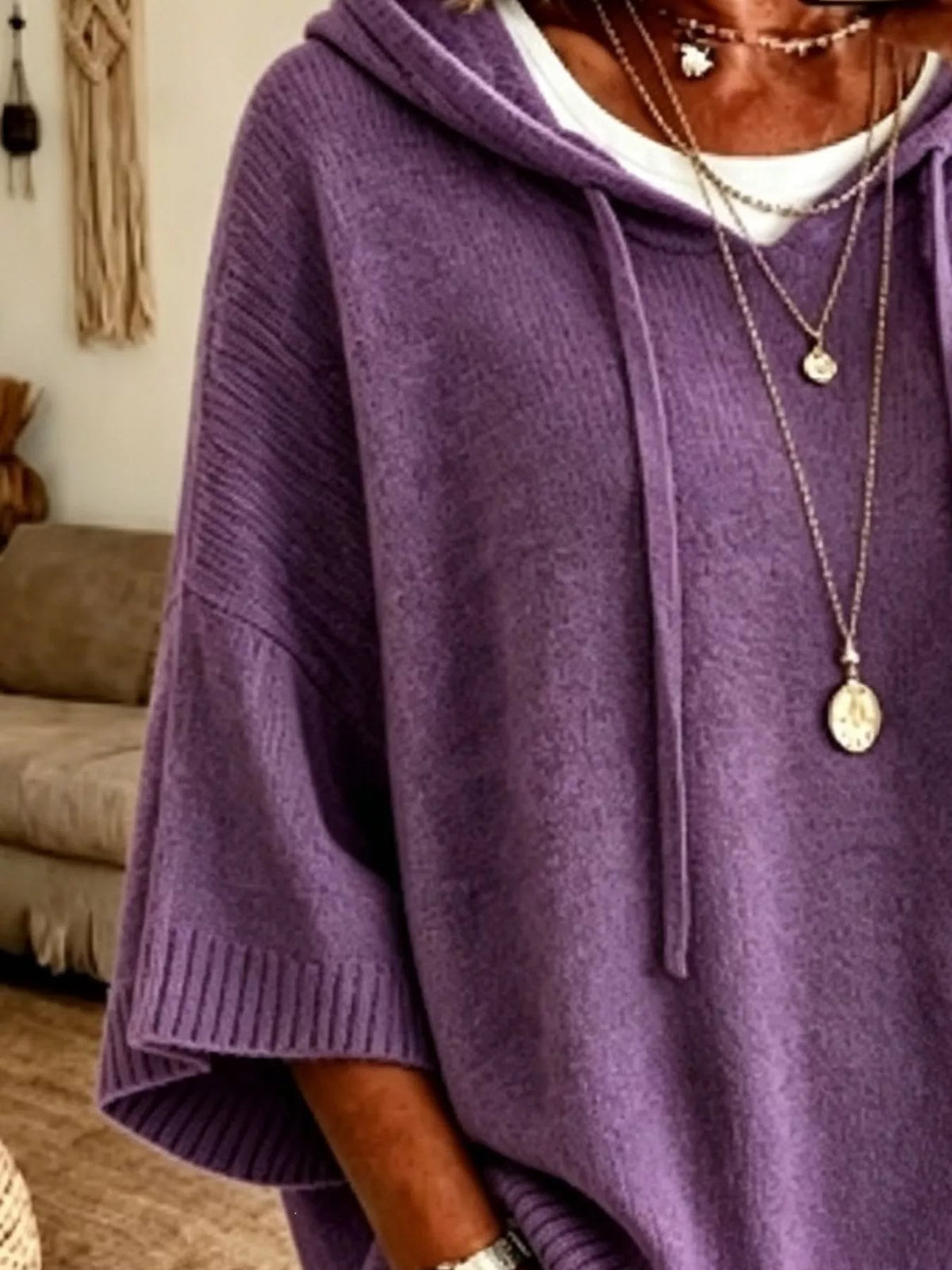 Plus size Trendsi full size drawstring hooded sweater with 3/4 sleeves and a casual, comfortable fit.