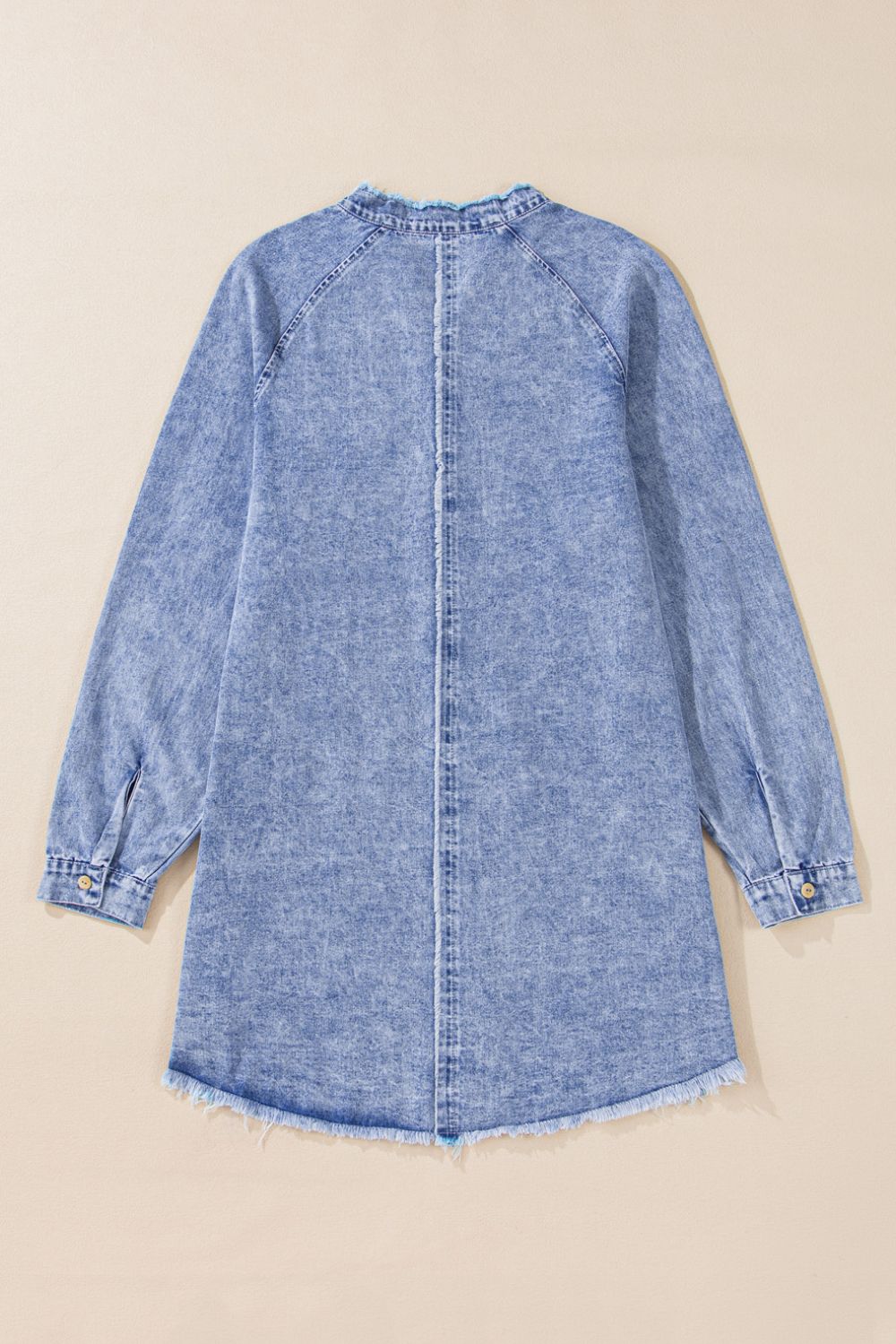 Raw hem button-down long sleeve denim dress by Plush Fashion Hub, showing the casual fit and classic denim texture.