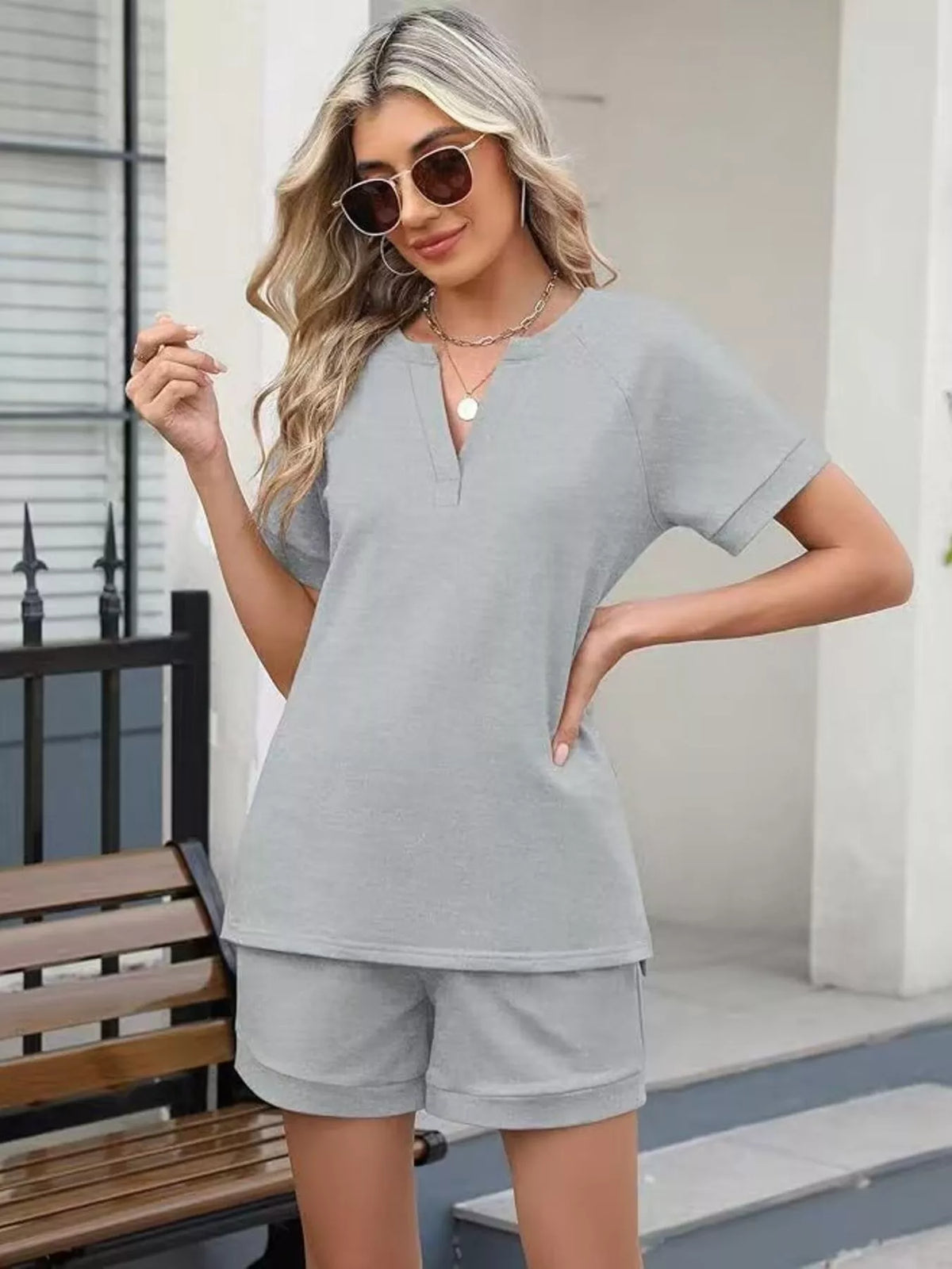 Solid color short sleeve top and shorts two-piece set by Plush Fashion Hub, casual summer apparel for women.