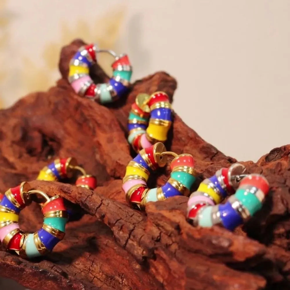 Titanium steel enamel hoop earrings in vibrant colors, stylish jewelry accessory, perfect for fashion and everyday wear