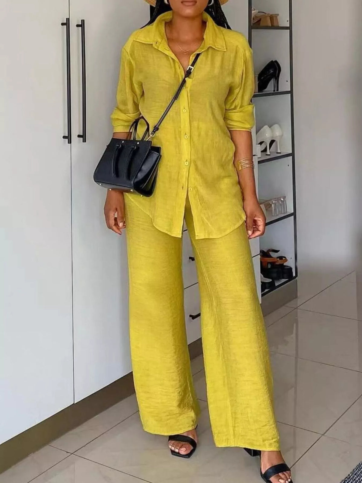 Plush Fashion Hub two-piece tie-front top and wide-leg pants set in soft fabric, shown in a stylish, coordinated outfit.