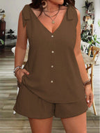 FitiqueFit V-neck lace-up button top and matching shorts set in five colors, casualwear, available in sizes S to XXL.