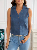 Women's sleeveless solid-color vest top with button detail, casualwear by Plush Fashion Hub, featuring a loose fit and sleeveless design.