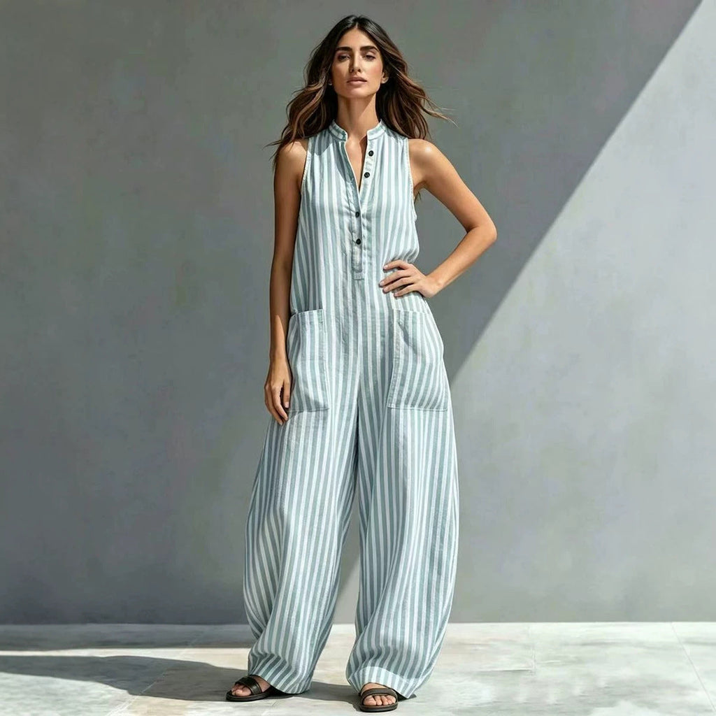 V-neck sleeveless striped cropped jumpsuit by FitiqueFit in three colors, loose fit, ideal for casual summer wear.