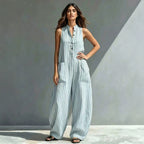 V-neck sleeveless striped cropped jumpsuit by FitiqueFit in three colors, loose fit, ideal for casual summer wear.