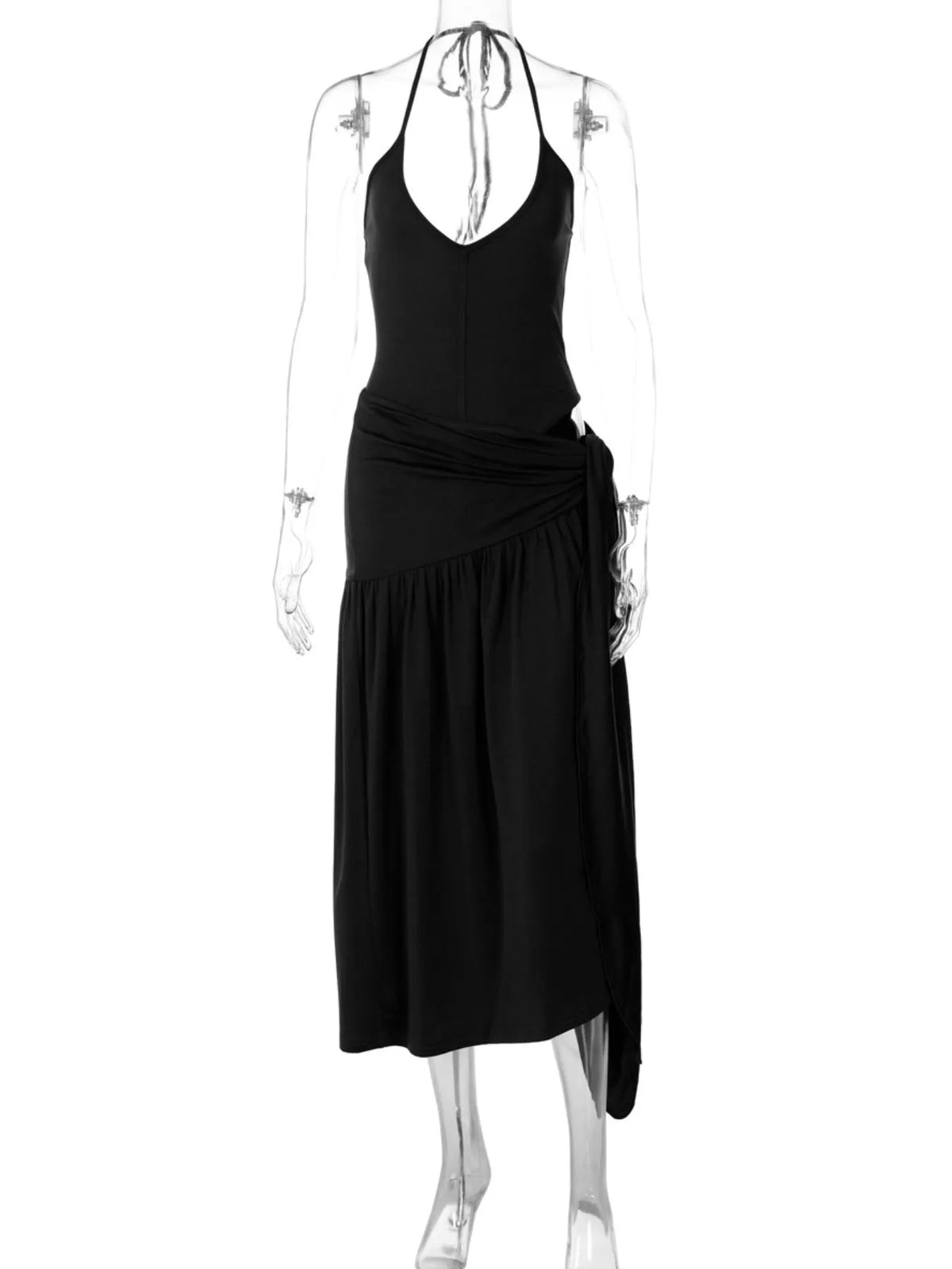 Plush Fashion Hub halter neck ruched bodysuit paired with a matching maxi skirt, two-piece set in elegant and stylish design.