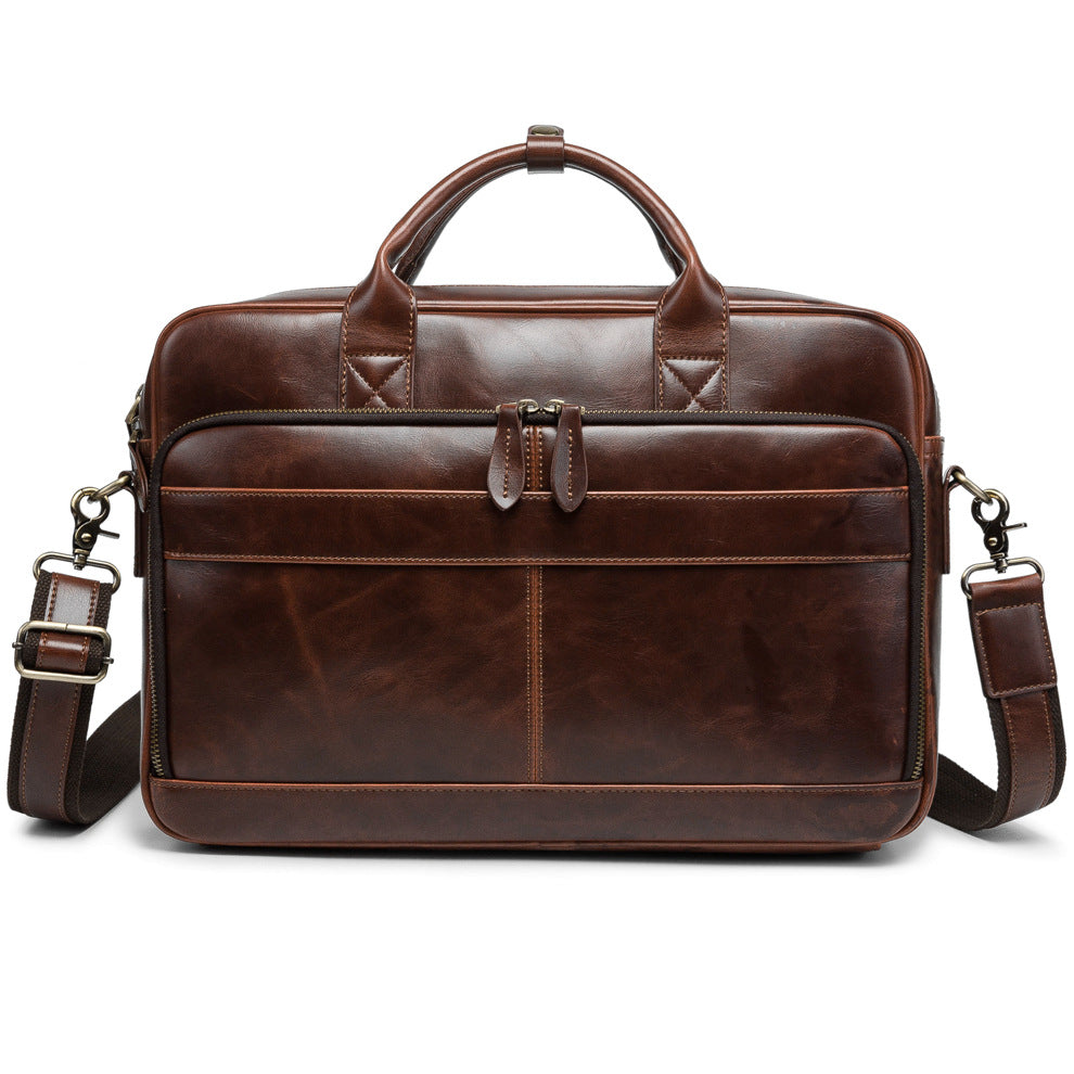Pi-Mart leather men's shoulder briefcase with laptop compartment, crafted from durable, stylish horse leather for professional use.
