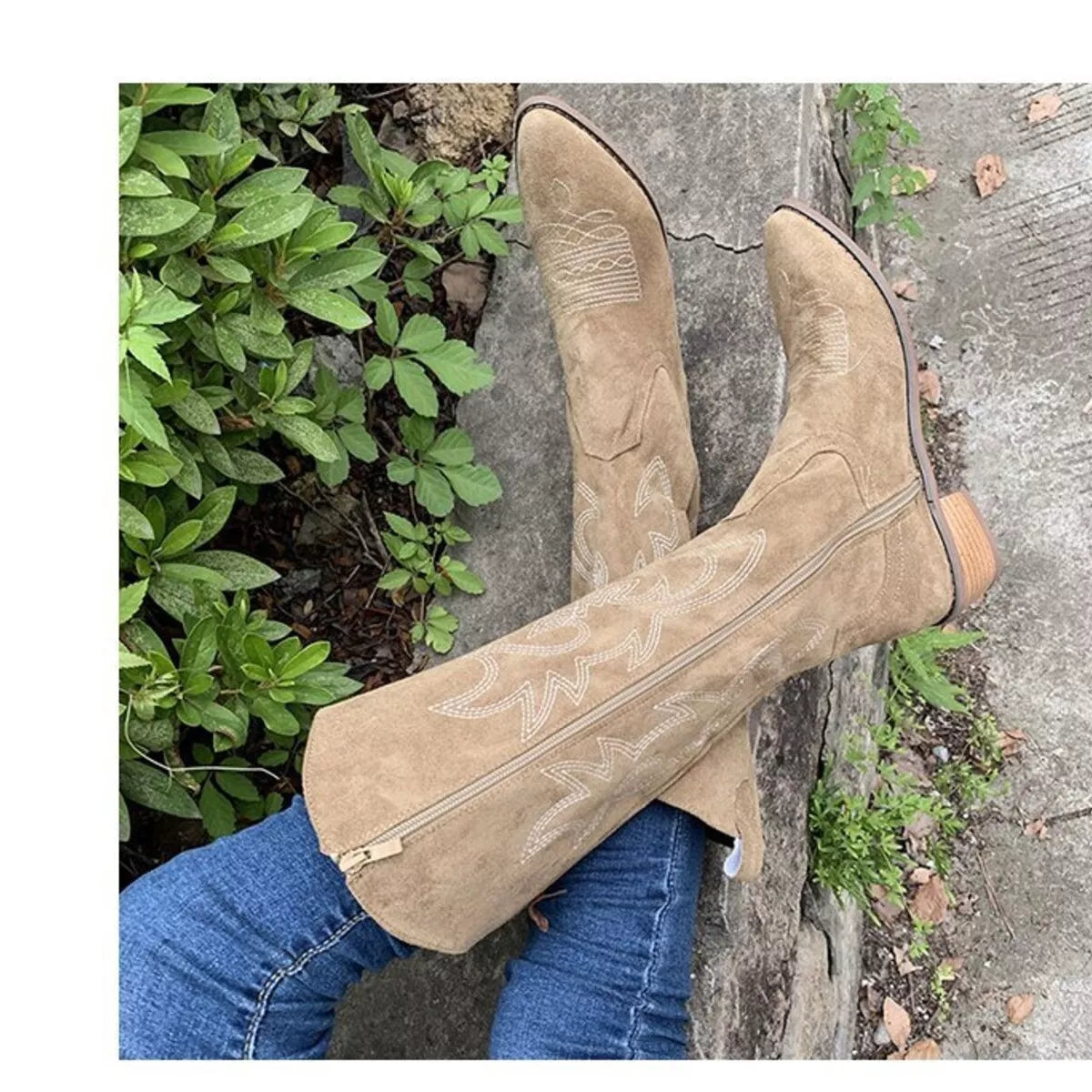 Point toe block heel boots from Trendsi featuring sleek design and stylish footwear for casual or dressy occasions.