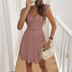 Women’s V‑neck short-sleeve casual dress with lace trim by FitiqueFit, featuring a relaxed fit and stylish design.