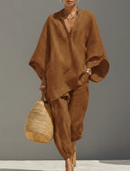 Women's loose casual shirt and cropped pants two-piece set by Plush Fashion Hub, vintage-inspired co-ord outfit.