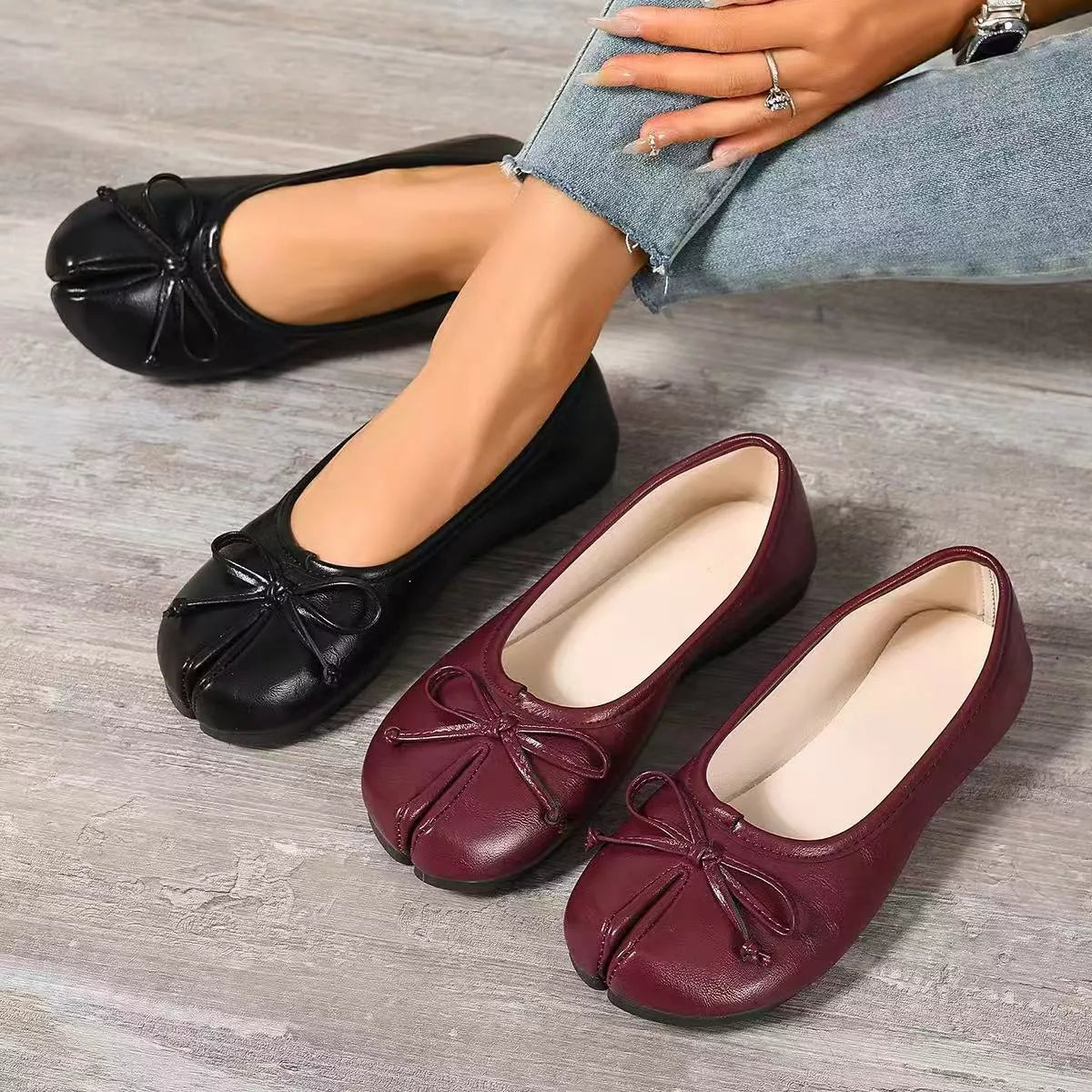 Plush Fashion Hub Bow Decor Split Toe Slip-On Shoes with stylish bow accents and modern design, ideal for casual wear.