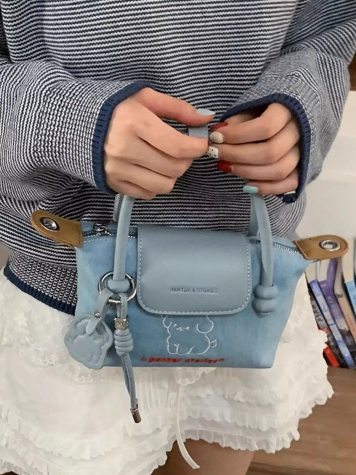 Denim handbag by Plush Fashion Hub with embroidered puppy design, stylish bag for casual and everyday use.