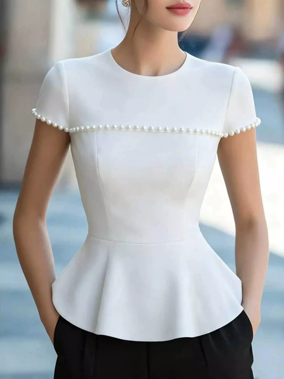 Pearl embellished peplum T-shirt from Plush Fashion Hub, stylish tops with decorative pearl details and fitted peplum design.
