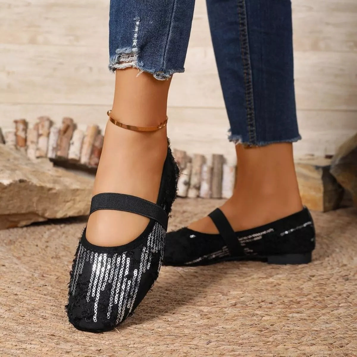 Women’s sparkling sequin round toe slip-on flats by Plush Fashion Hub, featuring shiny sequins and comfortable flat design.