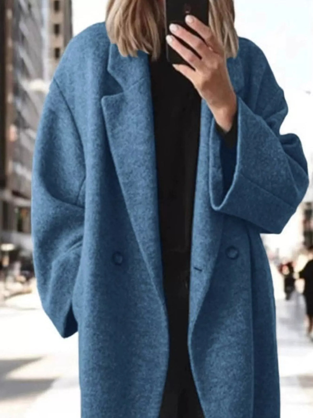 Plus size longline wool blend coat with lapel collar, casual outerwear from Trendsi in full size, shown on a model.