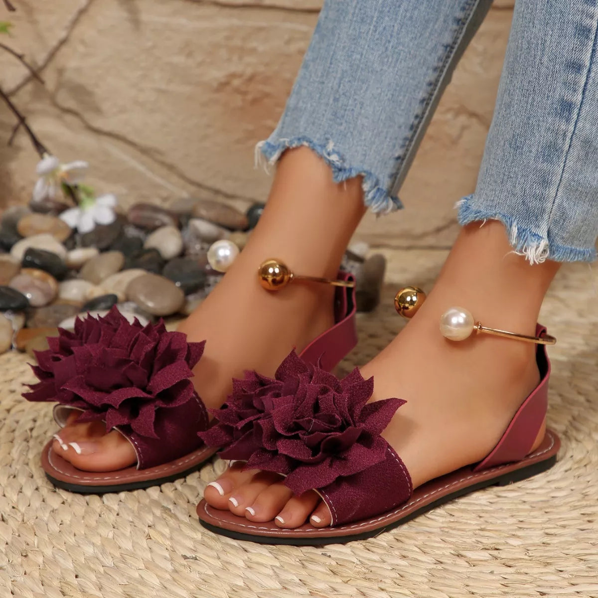 Plush Fashion Hub floral decor flat sandals with colorful flower embellishments and comfortable slip-on design.