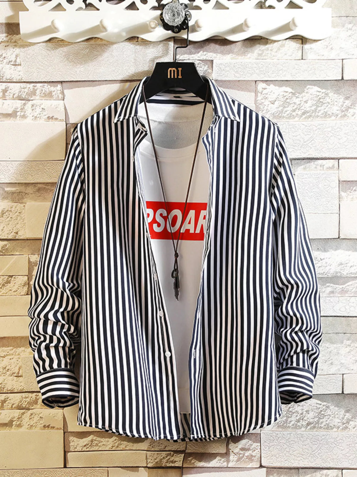 Men's plus size striped button-up casual shirt by Plush Fashion Hub, featuring a classic collar and long sleeves.