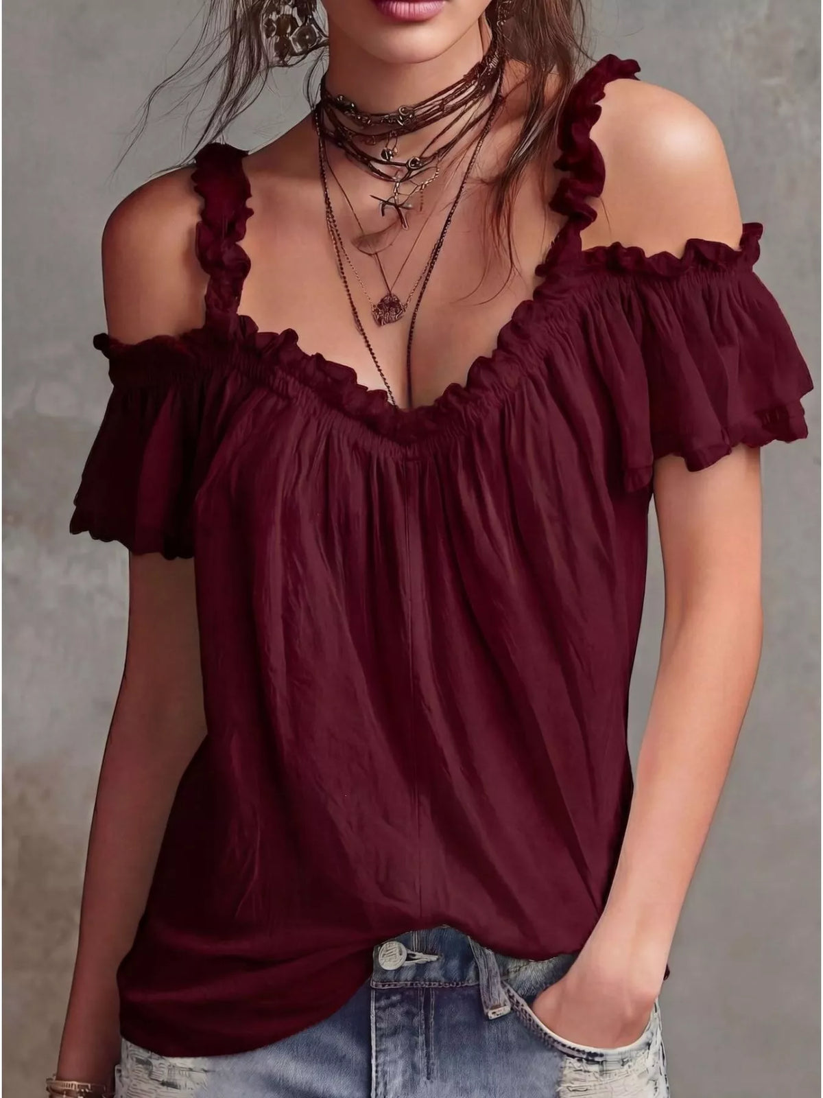Plush Fashion Hub frill cold shoulder blouse with ruffled sleeves and lightweight fabric, stylish and feminine for casual wear.