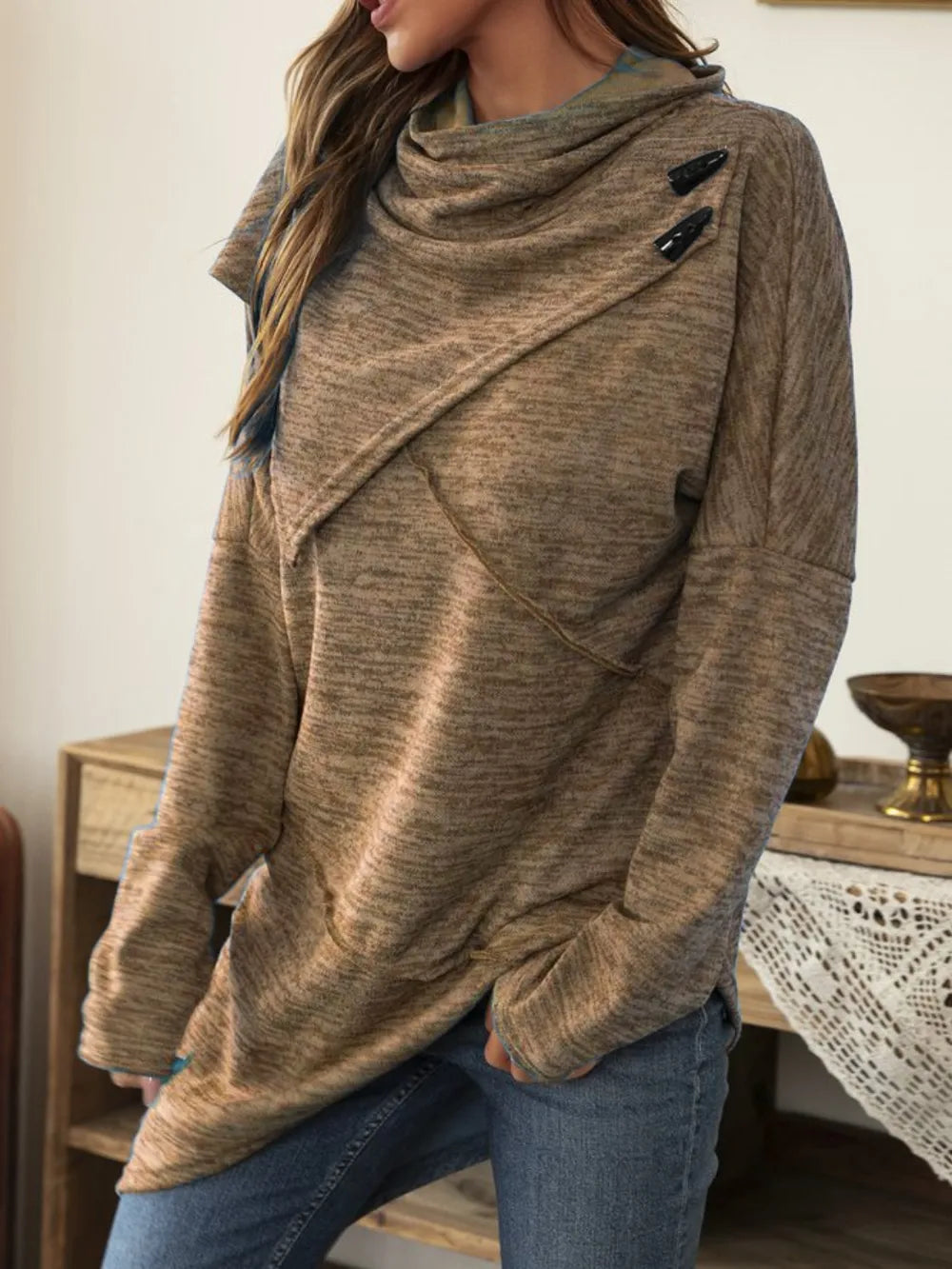 Long sleeve cowl neck top with asymmetrical hem by Plush Fashion Hub, showcasing soft fabric and stylish, modern design.