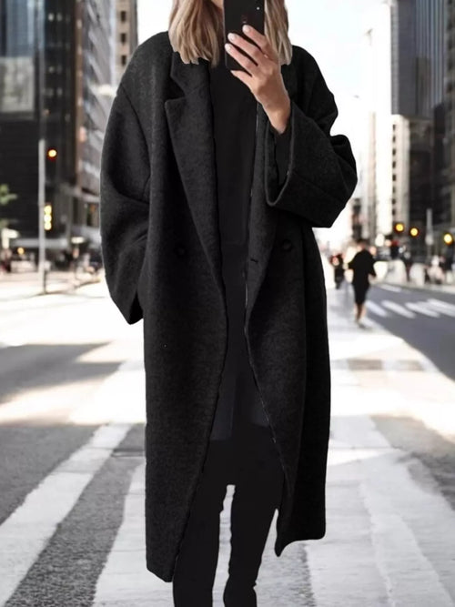 Plus size wool blend longline coat with lapel collar, casualwear style, featuring a full size lapel collar and cozy design.