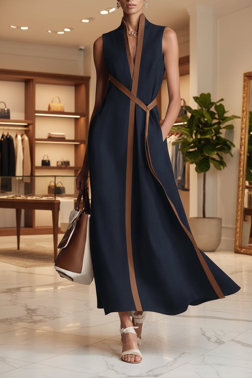 Women's Color Block Sleeveless Stand Collar Dress