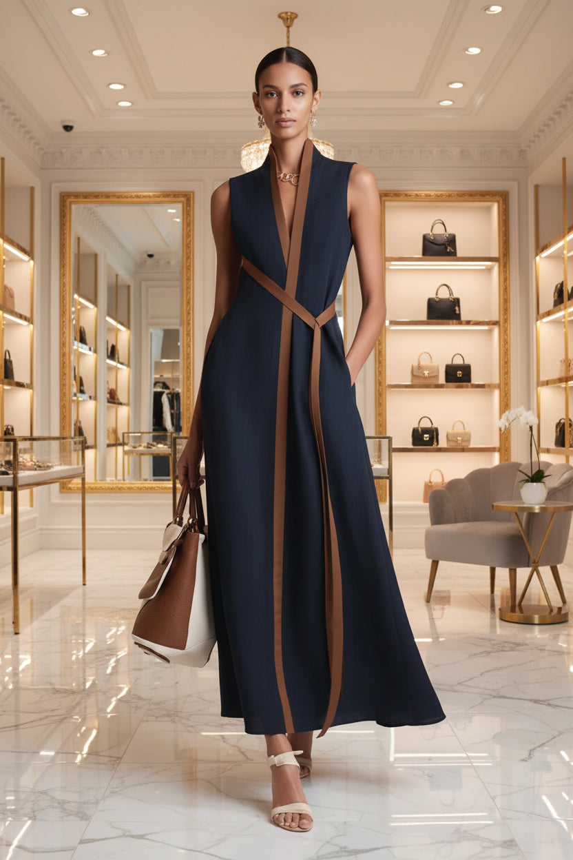 Women's Color Block Sleeveless Stand Collar Dress