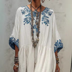 Women's printed batwing sleeve midi dress by Plush Fashion Hub featuring a loose fit linen blend fabric and stylish design.