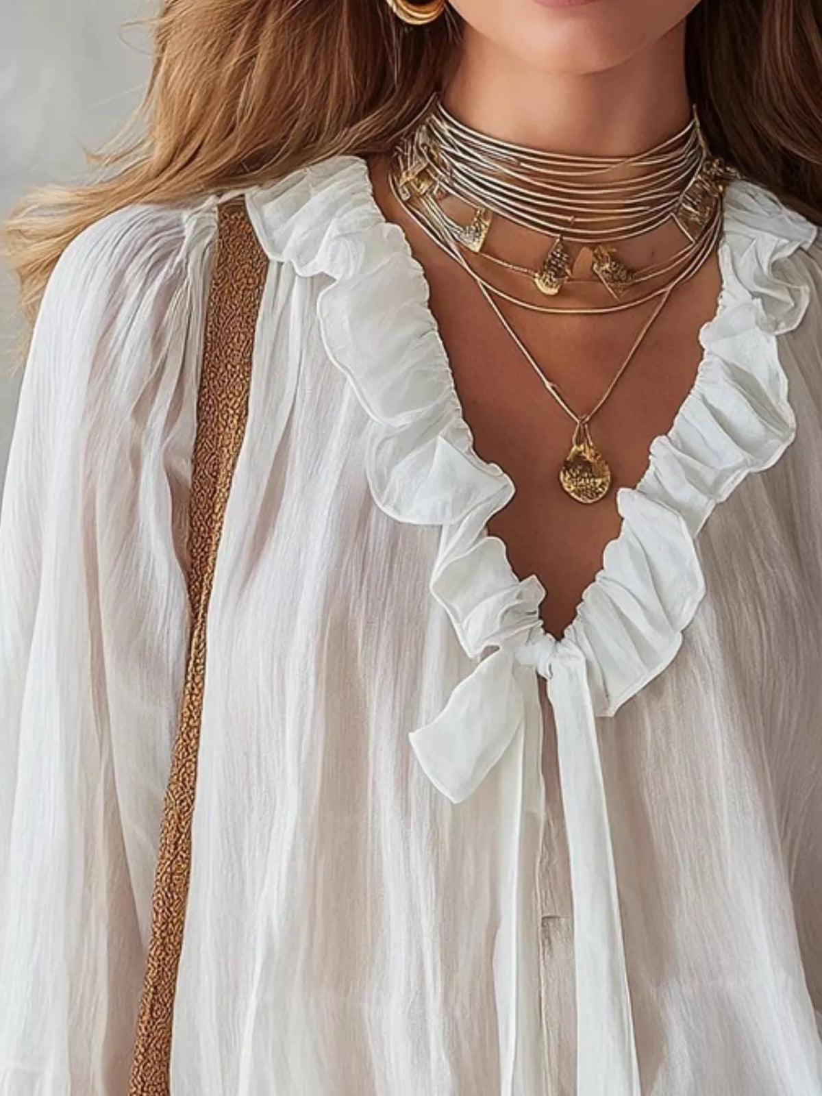 Plush Fashion Hub ruffle long sleeve blouse with feminine design, featuring ruffled details and a comfortable fit.