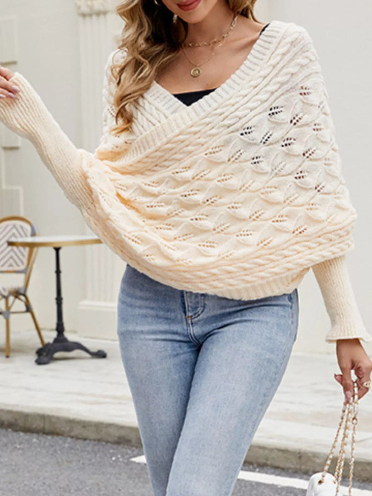 Plush Fashion Hub cable knit batwing sleeve sweater shirt in cozy, textured knit with loose fit and wide sleeves.