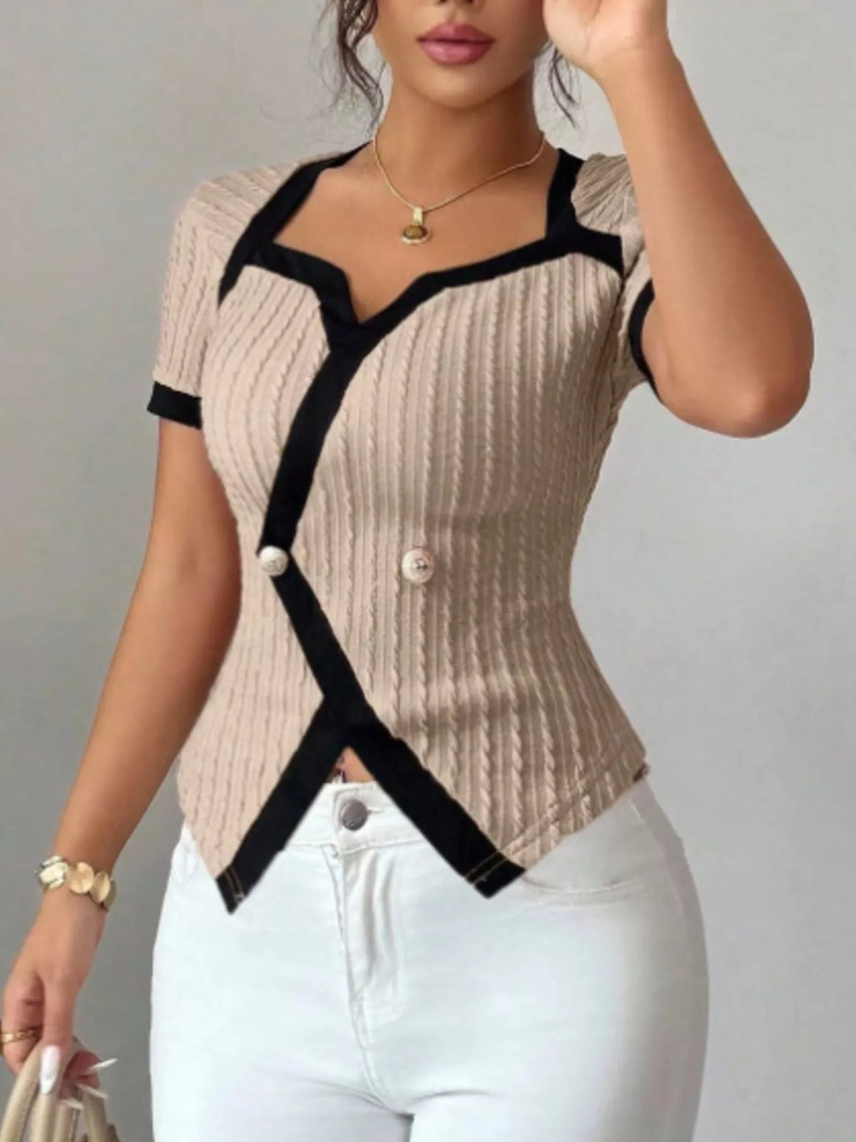 Earth tones contrast trim short sleeve T-shirt by Plush Fashion Hub, showing a casual tops design with a relaxed fit and color-block details.