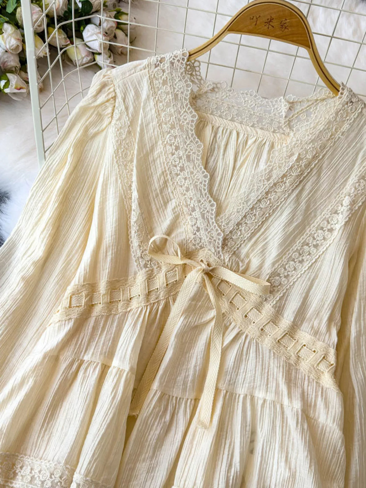 Lace detail v-neck blouse dress by Plush Fashion Hub featuring elegant lace accents and a flattering V-neck design.