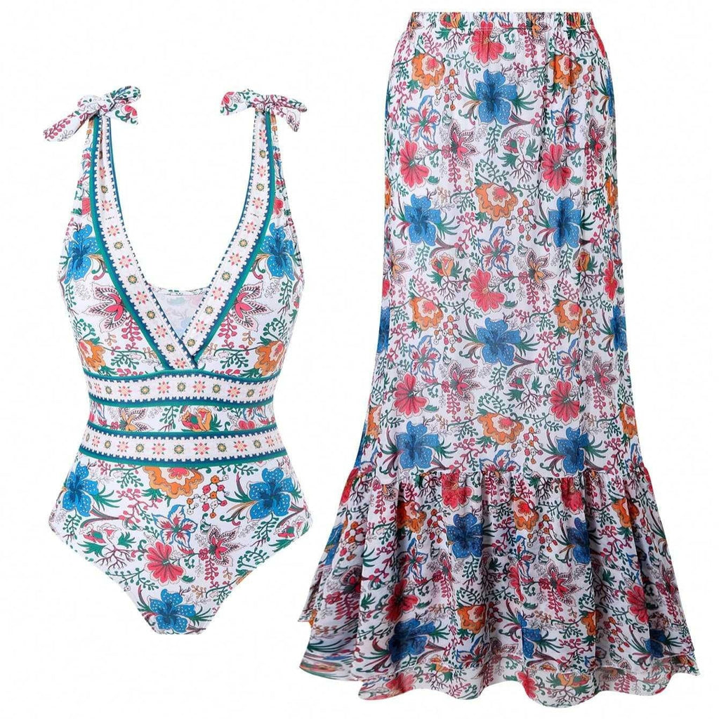 Ethnic style one-piece swimsuit for women, casual beachwear by Plush Fashion Hub, featuring vibrant patterns and a flattering fit.