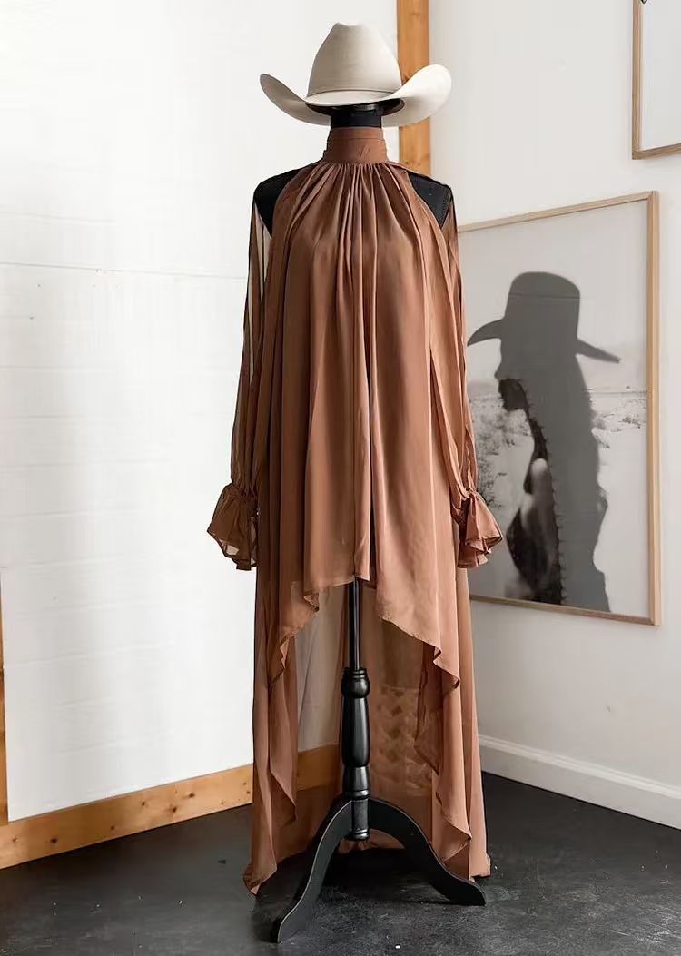 Loose fit high neck asymmetric maxi chiffon dress with long sleeves, stylish casualwear by FitiqueFit.