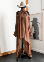 Loose fit high neck asymmetric maxi chiffon dress with long sleeves, stylish casualwear by FitiqueFit.
