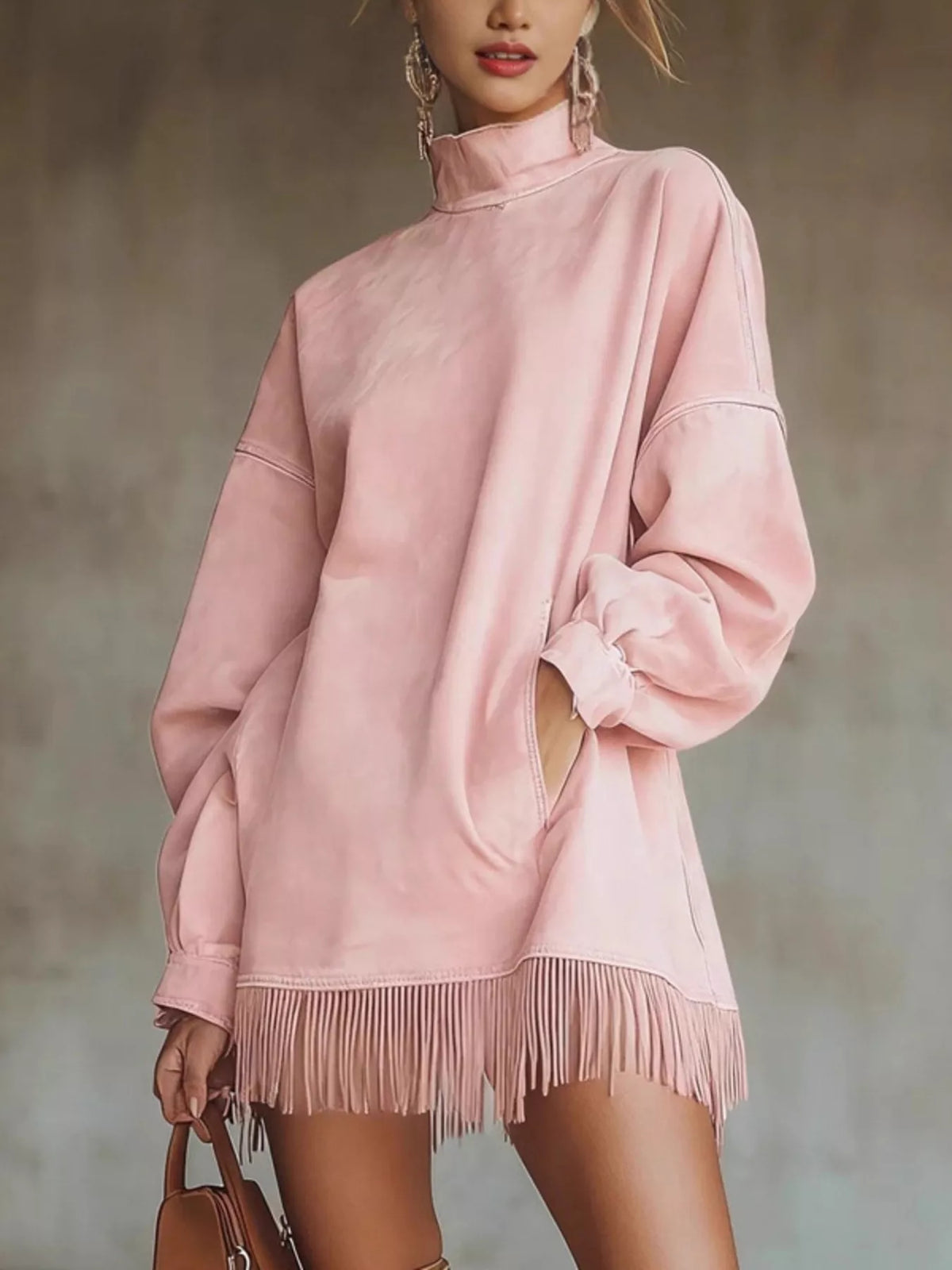 Plus size full-length sweater dress with mock neck and fringed hem, long sleeves, from Trendsi, featuring a stylish mini length.
