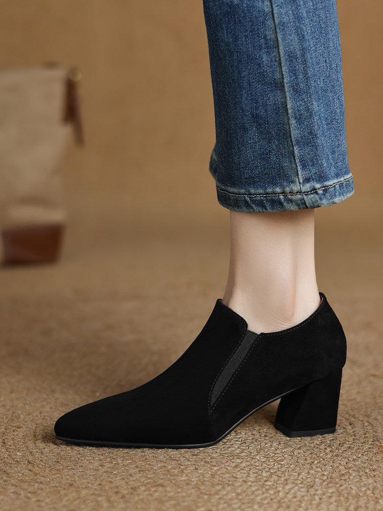 Women's suede pointed toe chunky heel pumps with deep vamp and low heel from Plush Fashion Hub, showcasing stylish footwear details.