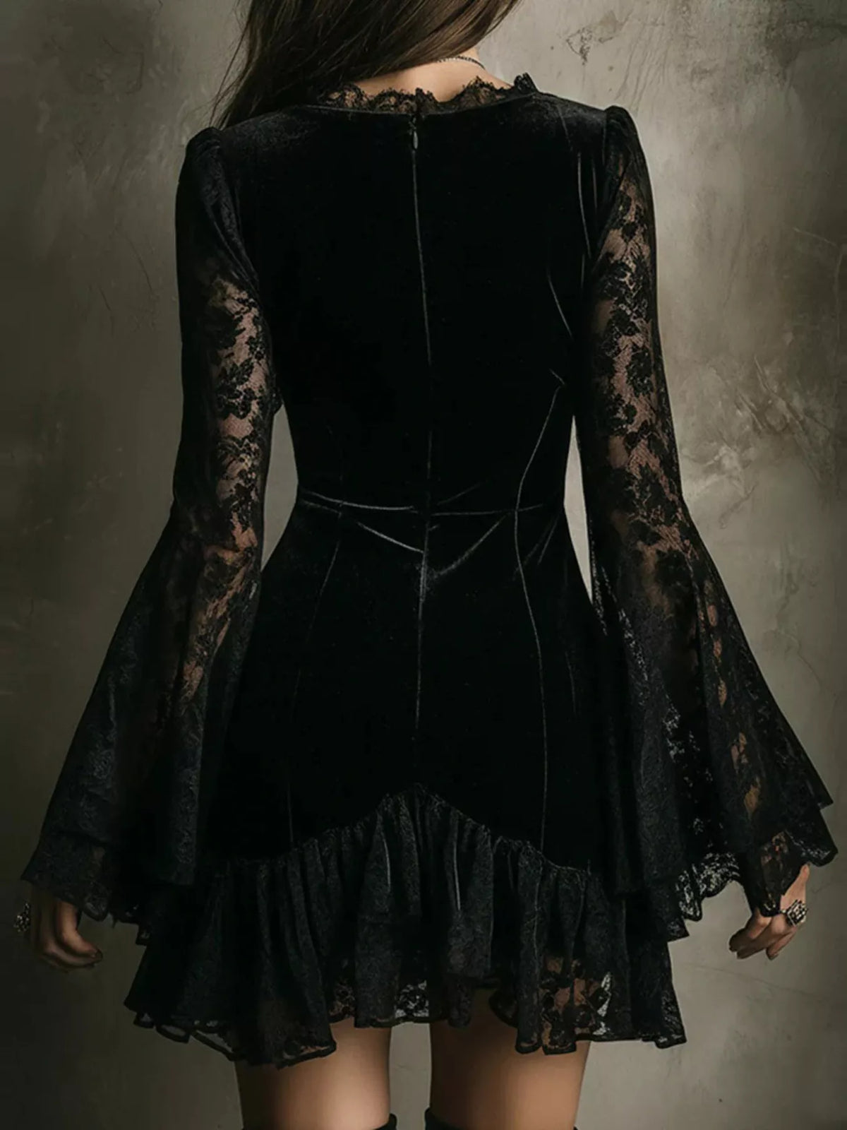 Velvet lace trim V-neck mini dress by Trendsi, featuring a stylish V-neckline and soft velvet fabric with delicate lace details.