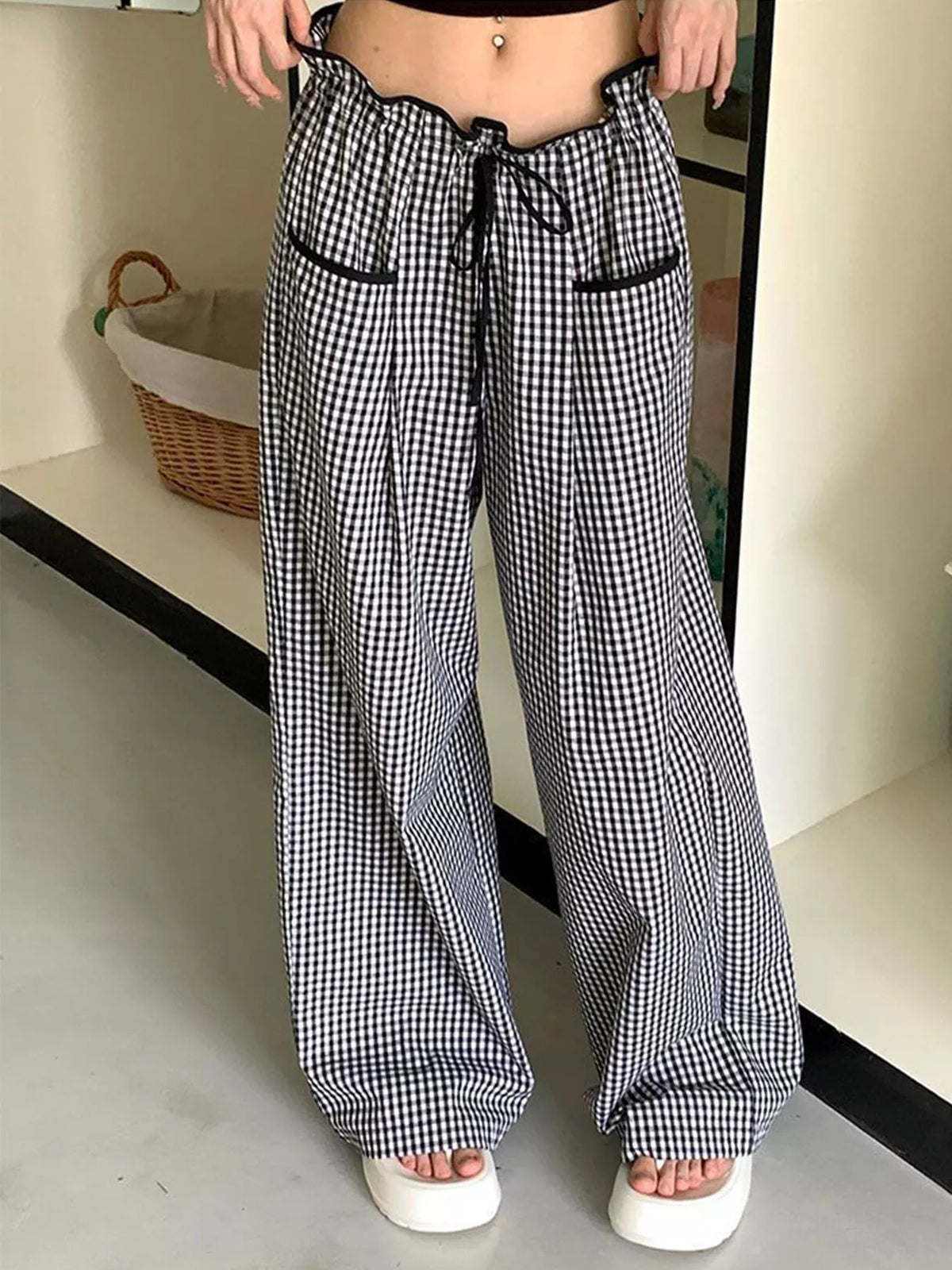 Women’s high-waisted gingham wide-leg pants with pockets, stylish and comfortable, by Plush Fashion Hub.