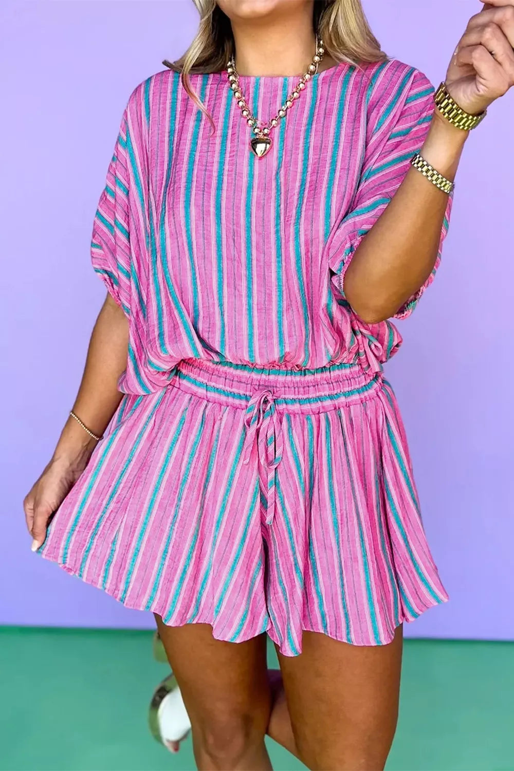 Stripe Dolman short sleeve blouse with drawstring elastic waist shorts set by Plush Fashion Hub, featuring a loose, comfortable fit.