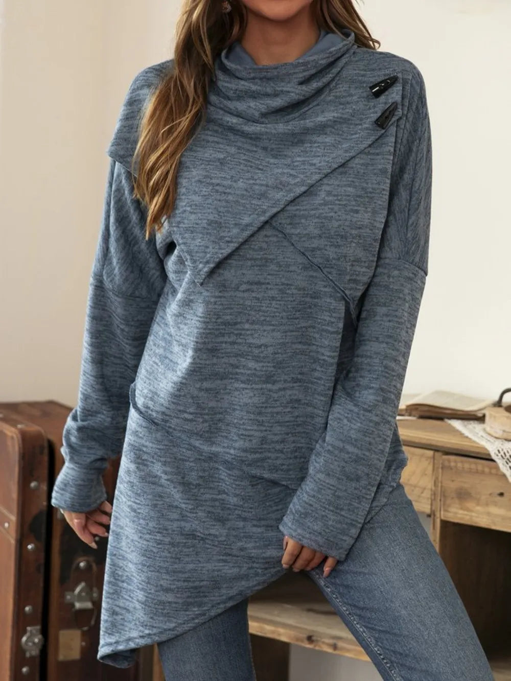 Plush Fashion Hub long sleeve cowl neck t-shirt with asymmetrical hem, stylish top featuring a relaxed fit and modern design.