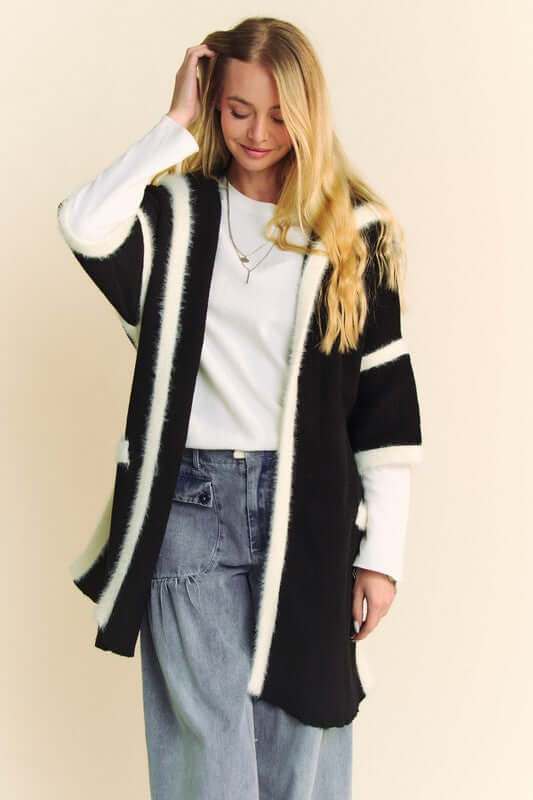 Davi & Dani Fuzzy Trim Open Front Loose Fit Cardigan worn by model displaying cozy style.